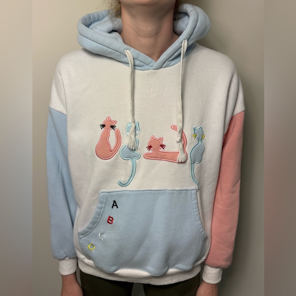 HI BIUE CC Pastel Cat Embroidered Hoodie